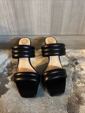 Vince Camuto Black Padded Double-Strap High Heel Mules with Square Toe